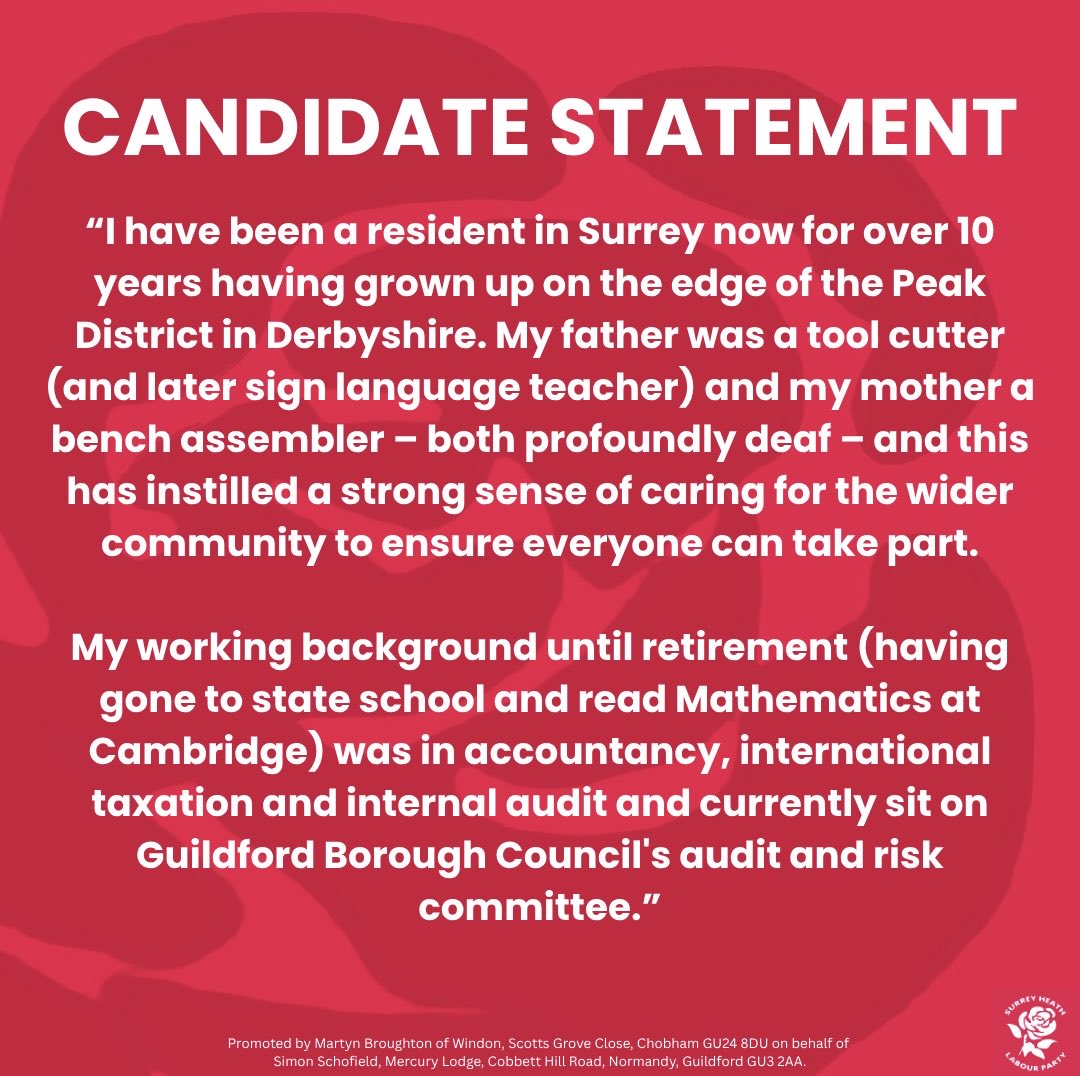 LabourHeath's tweet image. A last push for our amazing candidate Simon Schofield in the Camberley West By-Election tomorrow! 🌹