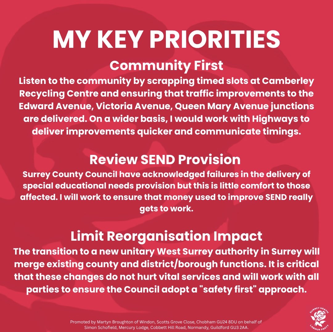 LabourHeath's tweet image. A last push for our amazing candidate Simon Schofield in the Camberley West By-Election tomorrow! 🌹