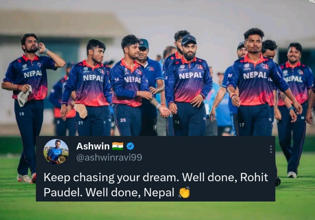 ICCAsiaCricket's tweet image. Indian cricket legend Ravichandran Ashwin congratulates Rohit Paudel & Team Nepal for qualifying for T20 World Cup 2026! 🇳🇵👏