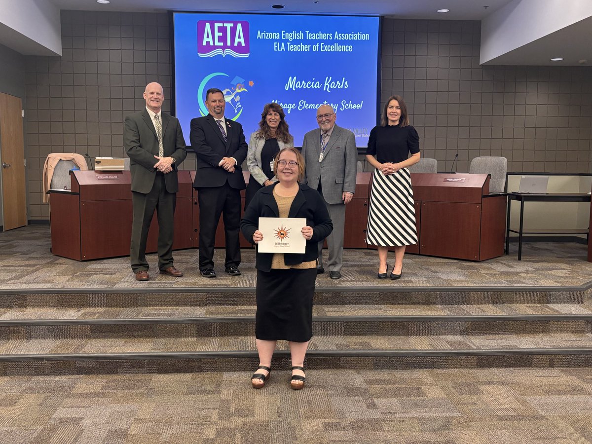 Congrats to the ELA Teacher of Excellence, Marcia Karls. <a href="/MirageDVUSD/">Mirage Elementary</a> Marcia brings excellence to her students and her multi-school collaborative team!  <a href="/DrFinchDVUSD/">Curt Finch, PhD</a> <a href="/AdminLeadServe/">Administrative Leadership & Services</a> <a href="/SkipOffenhauser/">Skip Offenhauser</a> <a href="/ptseunis/">Paula Tseunis, Ed.d</a>