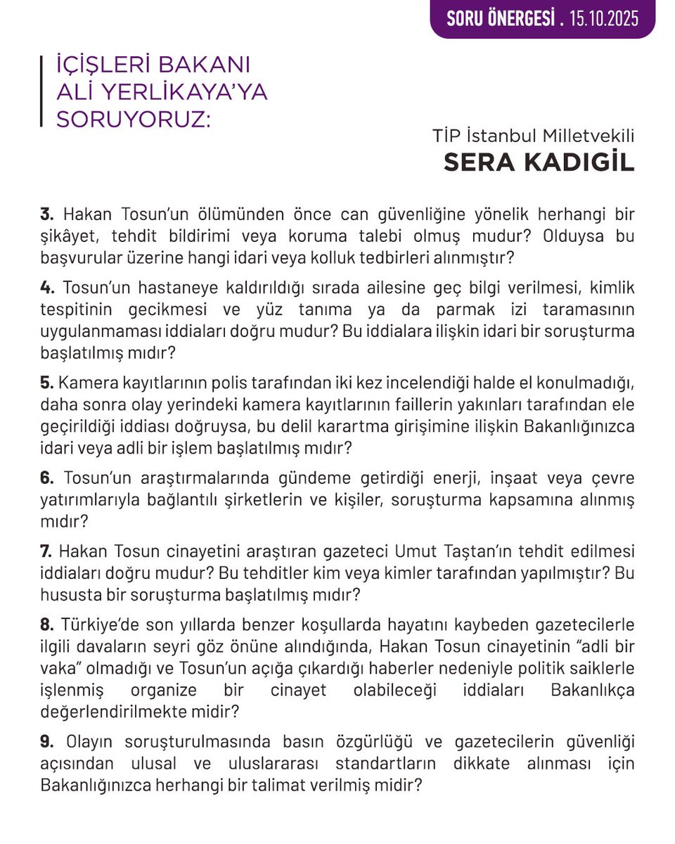 TipEkoloji's tweet photo. İstanbul Milletvekilimiz Sera Kadıgil, yaşam savunucusu, mücadele arkadaşımız, gazeteci Hakan Tosun'un öldürülmesine ilişkin saldırıyı TBMM gündemine taşıyarak konu hakkında Soru Önergesi verdi.

#HakanTosunaNeOldu #HakanTosun 
#HakanTosunİcinAdalet https://t.co/Jyjv2VZ4dL