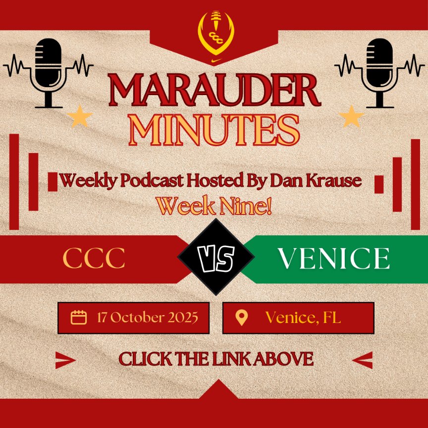 Dan Krause (@dankrauseccc) on Twitter photo Week #9:
marauderminutes.buzzsprout.com
CCC at Venice:
1) A look at the last 2 weeks
2) A look at this week
3) A peak into the playoffs?
CCC vs Venice= Absolute Cinema! 
<a href="/CCCMarauders/">Marauder Athletics</a> <a href="/CCCMaraudersFB/">CCC Marauders Football</a> <a href="/CoachTimJr/">TIMOTHY</a> <a href="/KeithMilner85/">Keith Milner 🏈</a> <a href="/Cole_Thomas64/">Cole Thomas</a> <a href="/coachjaydavis/">Jay Davis</a> Week #9:
marauderminutes.buzzsprout.com
CCC at Venice:
1) A look at the last 2 weeks
2) A look at this week
3) A peak into the playoffs?
CCC vs Venice= Absolute Cinema! 
<a href="/CCCMarauders/">Marauder Athletics</a> <a href="/CCCMaraudersFB/">CCC Marauders Football</a> <a href="/CoachTimJr/">TIMOTHY</a> <a href="/KeithMilner85/">Keith Milner 🏈</a> <a href="/Cole_Thomas64/">Cole Thomas</a> <a href="/coachjaydavis/">Jay Davis</a>