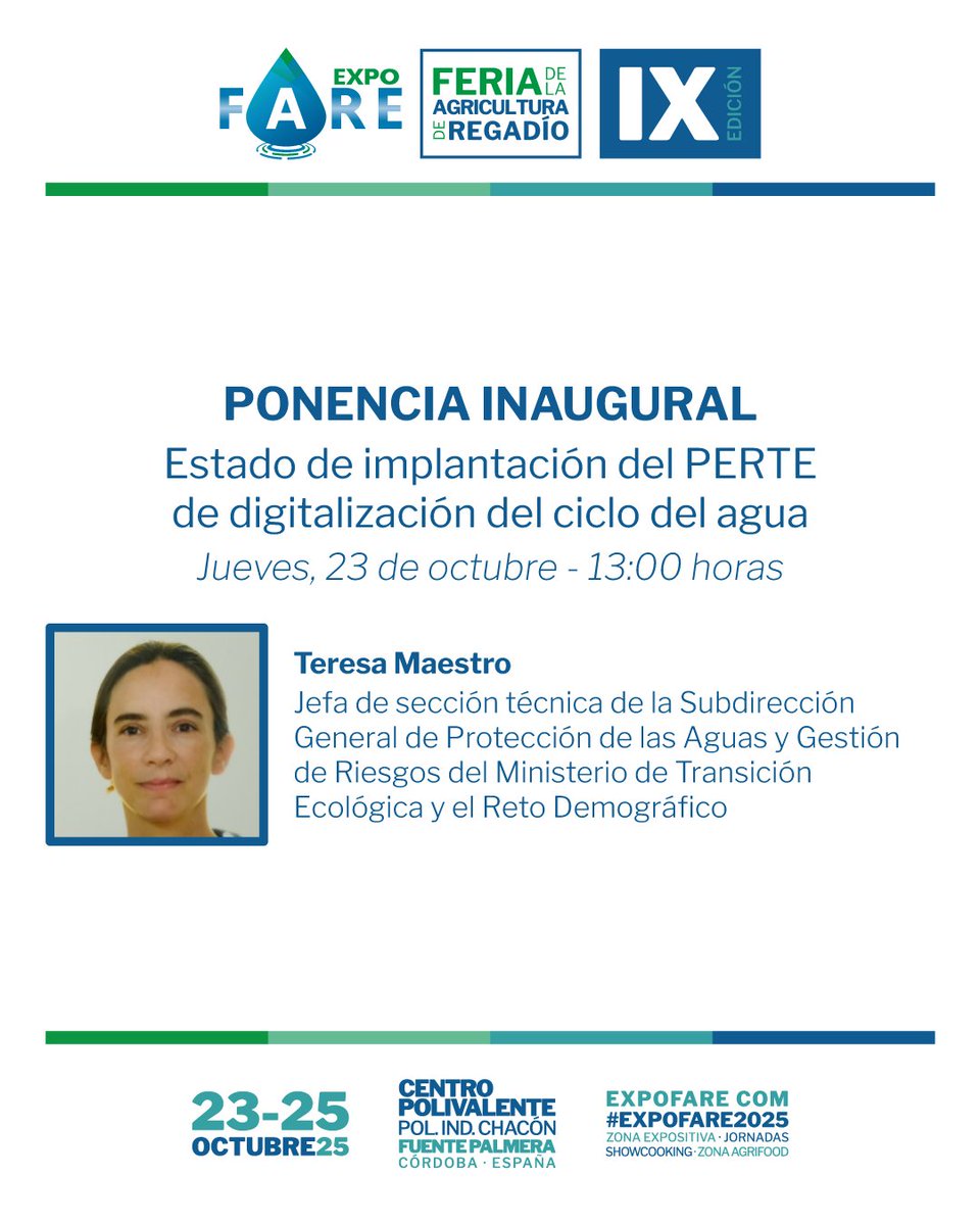 📣 Ponencia inaugural | “Estado de implantación del PERTE de digitalización del ciclo del agua”, imparte Teresa Maestro, jefa de sección técnica en la Subdirección General de Protección de las Aguas y Gestión de Riesgos (<a href="/mitecogob/">Transición Ecológica y Reto Demográfico</a>).

Inscripción gratuita: expofare.es/inscripcion