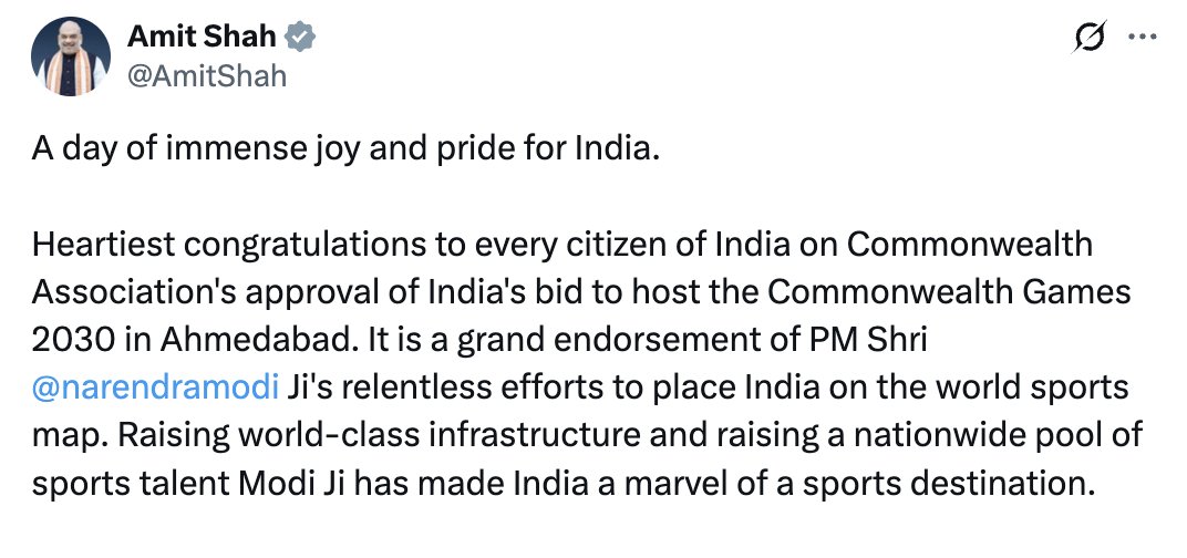 ayush9196's tweet photo. 🇮🇳 भारत का गौरव, अहमदाबाद का सम्मान!
2030 कॉमनवेल्थ गेम्स की मेज़बानी के लिए अहमदाबाद को मिली मंज़ूरी — हर भारतीय के लिए गर्व का पल! 🏅
अमित शाह ने देशवासियों को दी हार्दिक बधाई।
अब दुनिया देखेगी भारत की खेल शक्ति!
#CommonwealthGames #CWG2030 #Ahmedabad #IndiaPride #SportsPower https://t.co/WMqCi6t4J4
