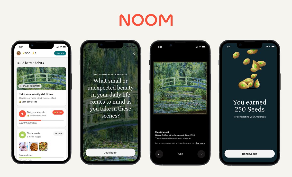The science is clear: viewing art can boost mood, reduce stress, and spark awe. That’s why we built Mindful Art Break, now live in Noom’s free tier, bringing evidence-backed wellbeing to your phone in minutes.
✨ Weekly Prompts: Members receive a short, guided experience with 10