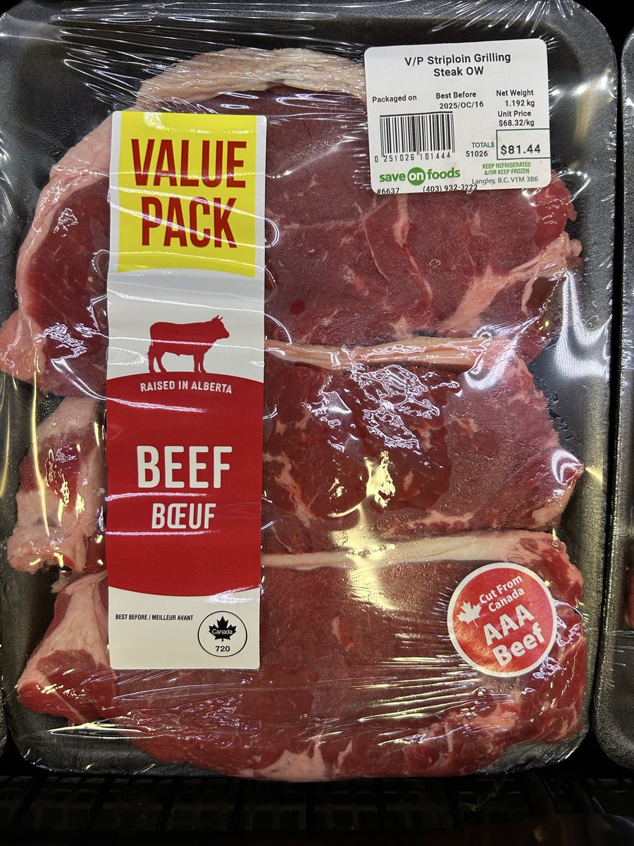 Check out these eye watering steak prices from a Save On Foods west of Calgary. 

$77.14/kg for Boneless Rib Eye and $68.32/kg for Striploin Grilling Steak.

In Alberta, the home of the cattle industry.

These are the first whispers of hyperinflation.