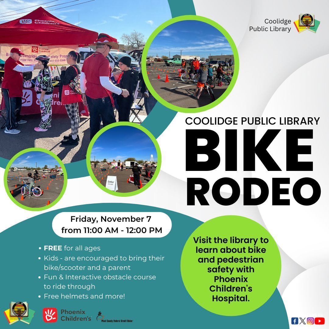 Gear up for our Bike Rodeo on Friday, Nov 7 at 11:00 AM! Learn road safety, score FREE helmets, and have a blast riding with us. Bring your bike, scooter, or use one of ours!

Don’t miss out!