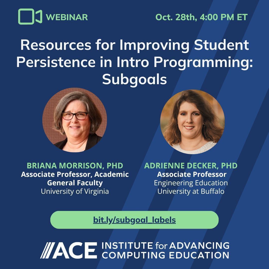 Remember to join us for an interactive webinar on Oct 28, 4pm ET, designed for anyone teaching introductory programming! Learn how to use subgoal labeling to help students understand key programming concepts more effectively.

Register today! bit.ly/subgoal_labels