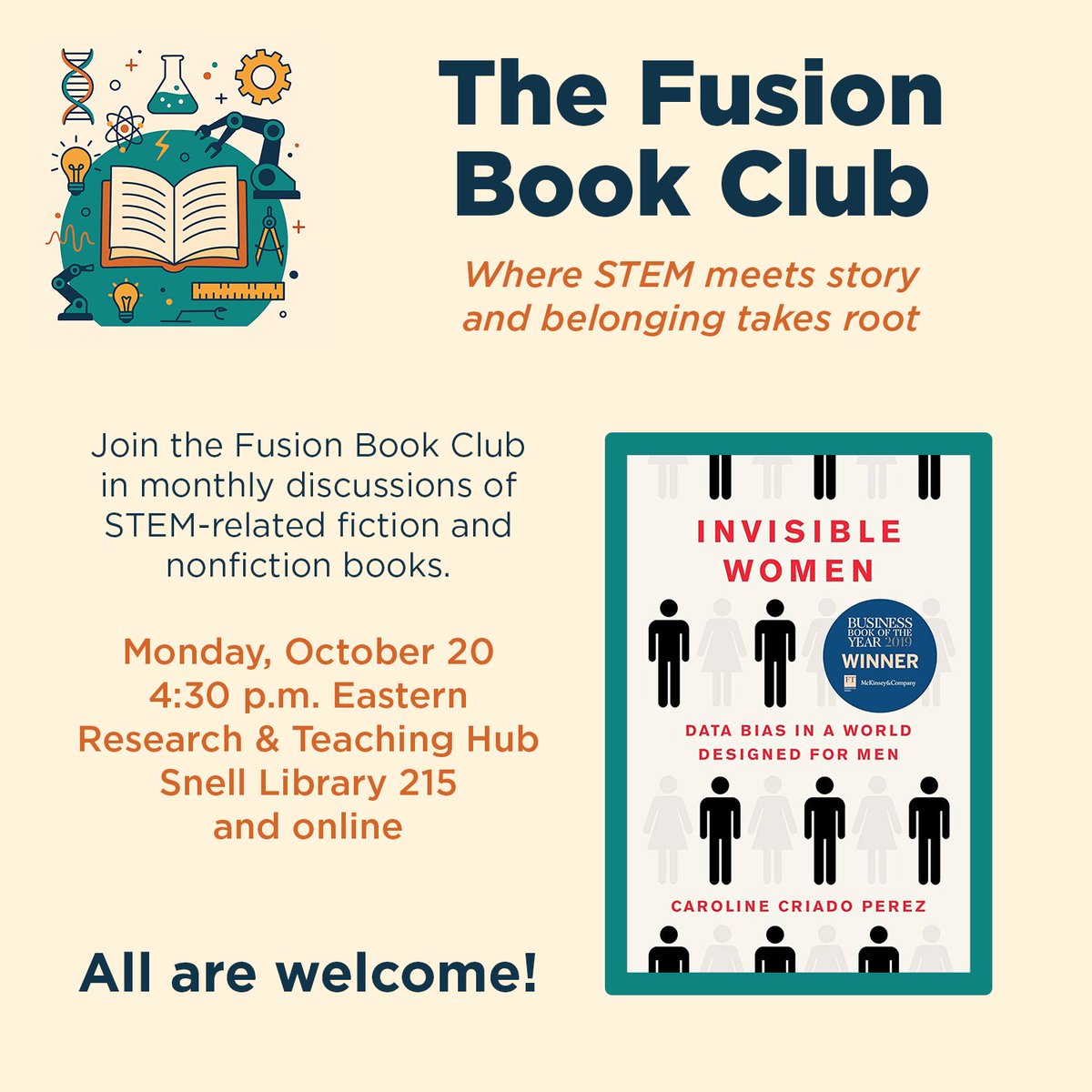 Join the Fusion Book Club to discuss their latest selection — Invisible Women: Data Bias in a World Designed for Men by Caroline Criado Perez. All are welcome!

📆 Monday, Oct. 20
⏰ 4:30 p.m. ET
📍 Research &amp; Teaching Hub (Snell Library 215) and online
🔗 northeastern.libcal.com/calendar/snell…