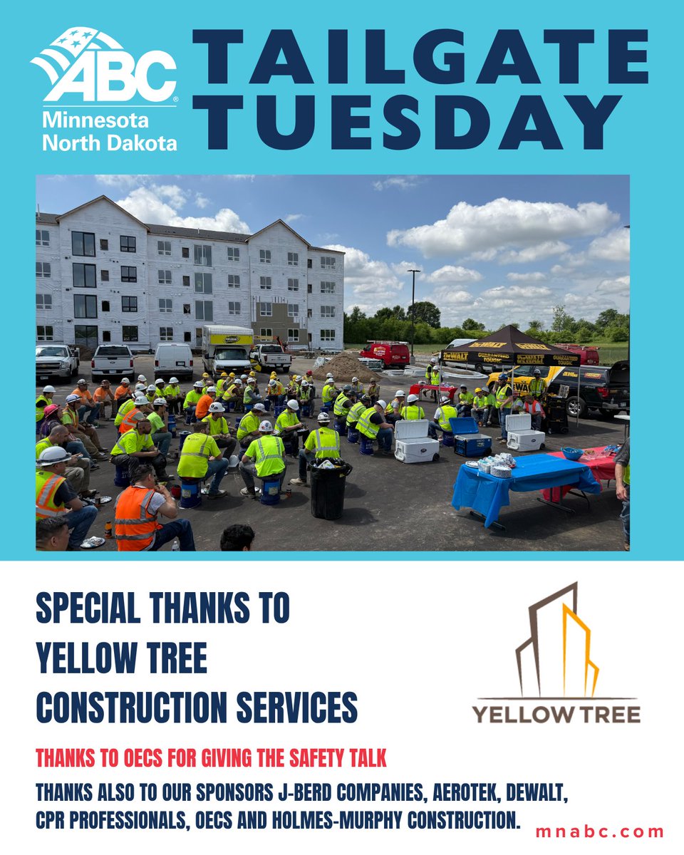 ABC_MNandND's tweet image. Another successful Tailgate Tuesday with Yellow Tree Construction Services! Safety first with a focus on Human/Equipment Interface. Thank you to our sponsors for supporting these important discussions. #ABCMeritShopProud #SafetyFirst #TailgateTuesday @jberdcompanies