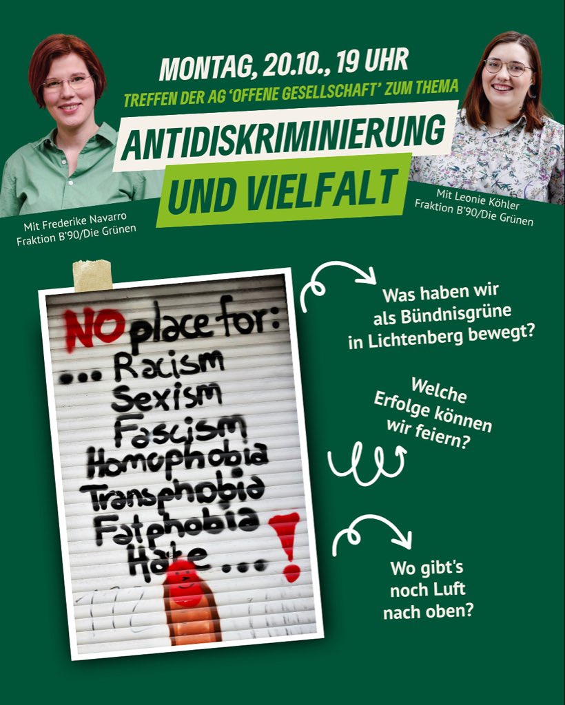 Gruene_Lbg's tweet image. 🍂 Herbstzeit = Bilanzzeit! 
Am 20.10., 19 Uhr sprechen wir mit Friederike Navarro &amp;amp; Leonie Köhler über #Antidiskriminierung und #Vielfalt in Lichtenberg: Was lief gut – und wo geht noch mehr? 💚

📩 Ort auf Anfrage: info@gruene-lichtenberg.de
#Bündnis90 #DieGruenen #Lichtenberg