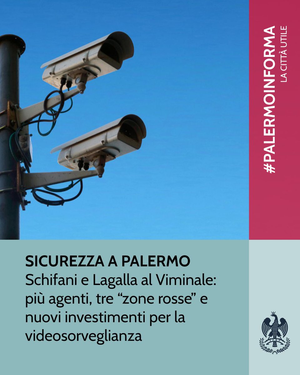 ComunePalermo's tweet photo. Sicurezza a Palermo: più agenti, tre “zone rosse” (Vucciria, Teatro Massimo, Maqueda-Stazione) e 
2,7 mln € per la videosorveglianza. Rafforzata la collaborazione tra Governo, Regione e Comune per più legalità e controllo del territorio. #Sicurezza #Palermo https://t.co/VwZGh9OdW4