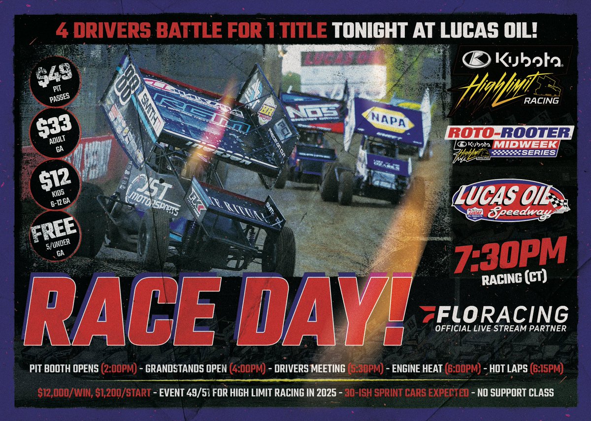 The <a href="/RotoRooter/">Roto-Rooter</a> Midweek Series is decided tonight at @LucasSpeedway with four drivers in contention!

⏰ Hot Laps at 6:15pm CT (racing 7:30pm)
🎟️ Buy Tickets at Bit.ly/4hx5TQP
🤑 Make Picks at NXTBets.com/PlayHLR
📺 Watch Live at FloSports.Link/HL2025