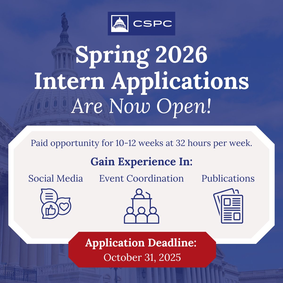 CSPC_DC's tweet image. 📣 Our 2026 Spring Semester Internship Applications are now open! To learn more &amp;amp; apply: thepresidency.org/internships