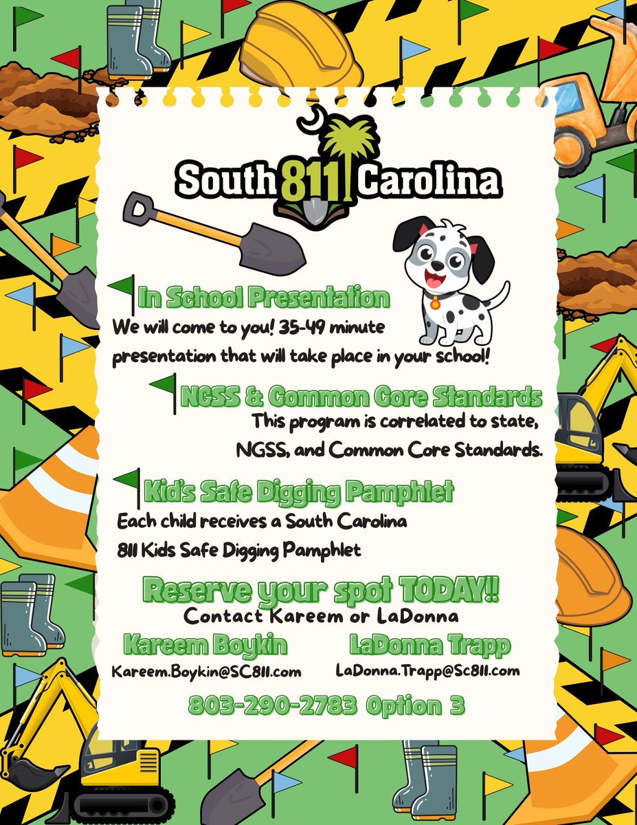 sc_811's tweet image. Make safety part of your lesson plan!  SC811 Kids Crew provides engaging 35–40 minute presentations right in your classroom. Every student receives a South Carolina 811 digging guide to take home. Schedule your visit today: ow.ly/grrs50X8Hsw

#kidsprogram #sc811