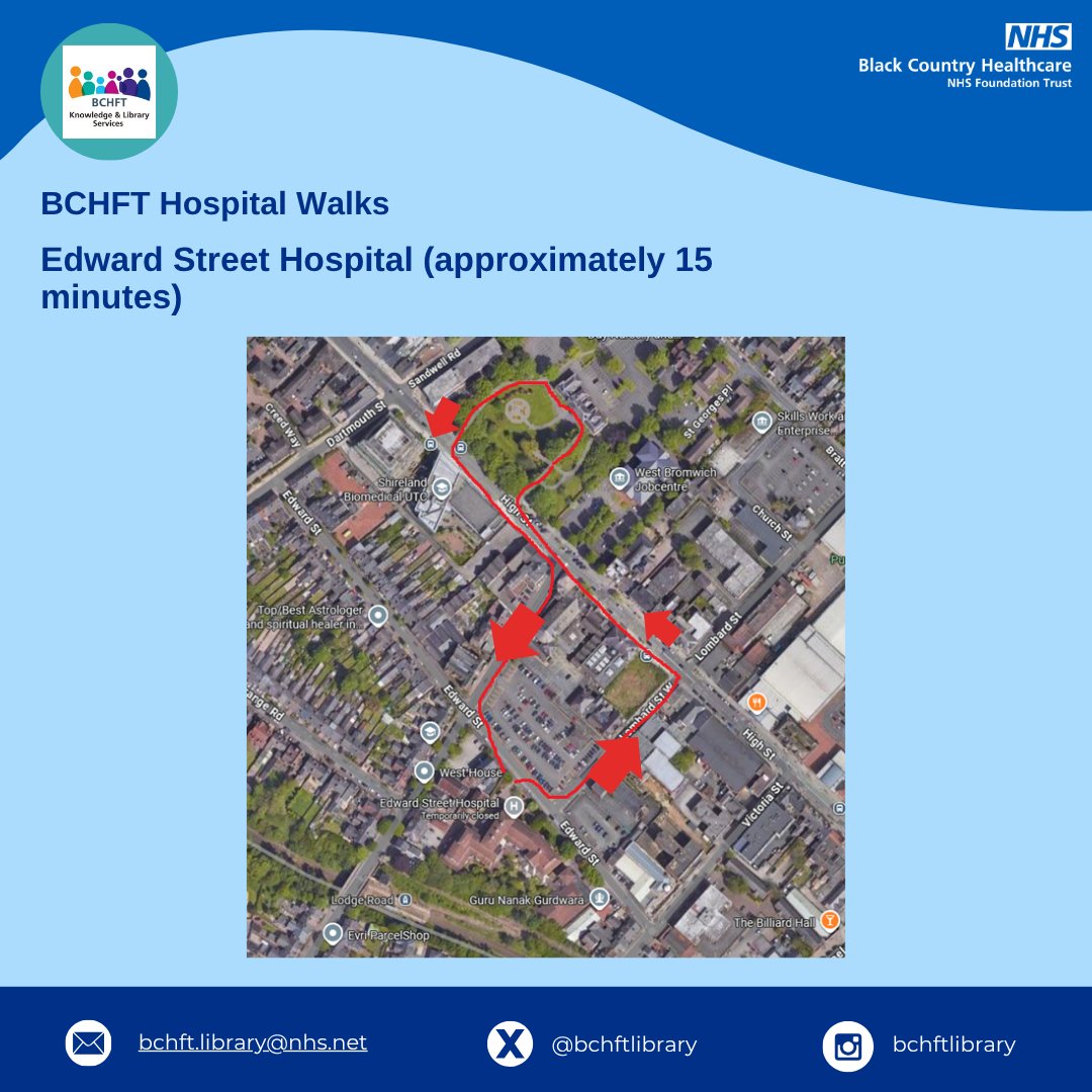BCHFTLibrary's tweet image. 🚶‍♀️Need a #Wellbeing  boost or a quick break?
We’ve created 30-minute walking routes around our hospital sites to help staff stretch their legs and explore the local area. Start with Edward Street:
🔗…affzone.blackcountryhealthcare.nhs.uk/application/fi… #GreenLibrariesWeek