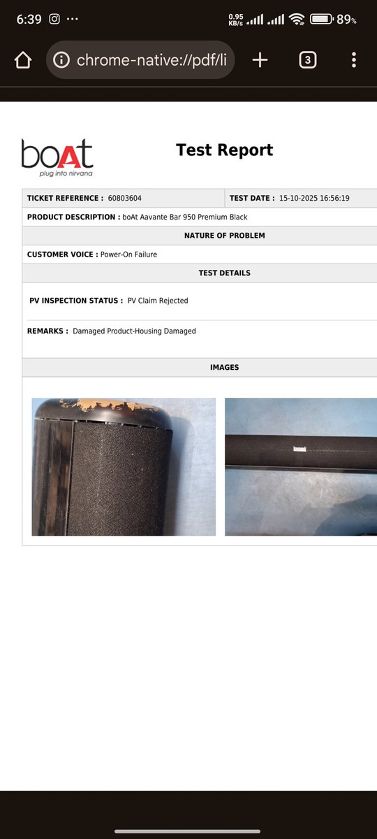 nidishn's tweet photo. warranty rejected saying that product is damaged.its totally false. product which was given to courier boy was not like this.. it was in gud condition suddenly it stopped working. wats d next step @RockWithboAt  as I am not satisfied with ur comment.ticket id-60803604 https://t.co/oojkeyXHCe