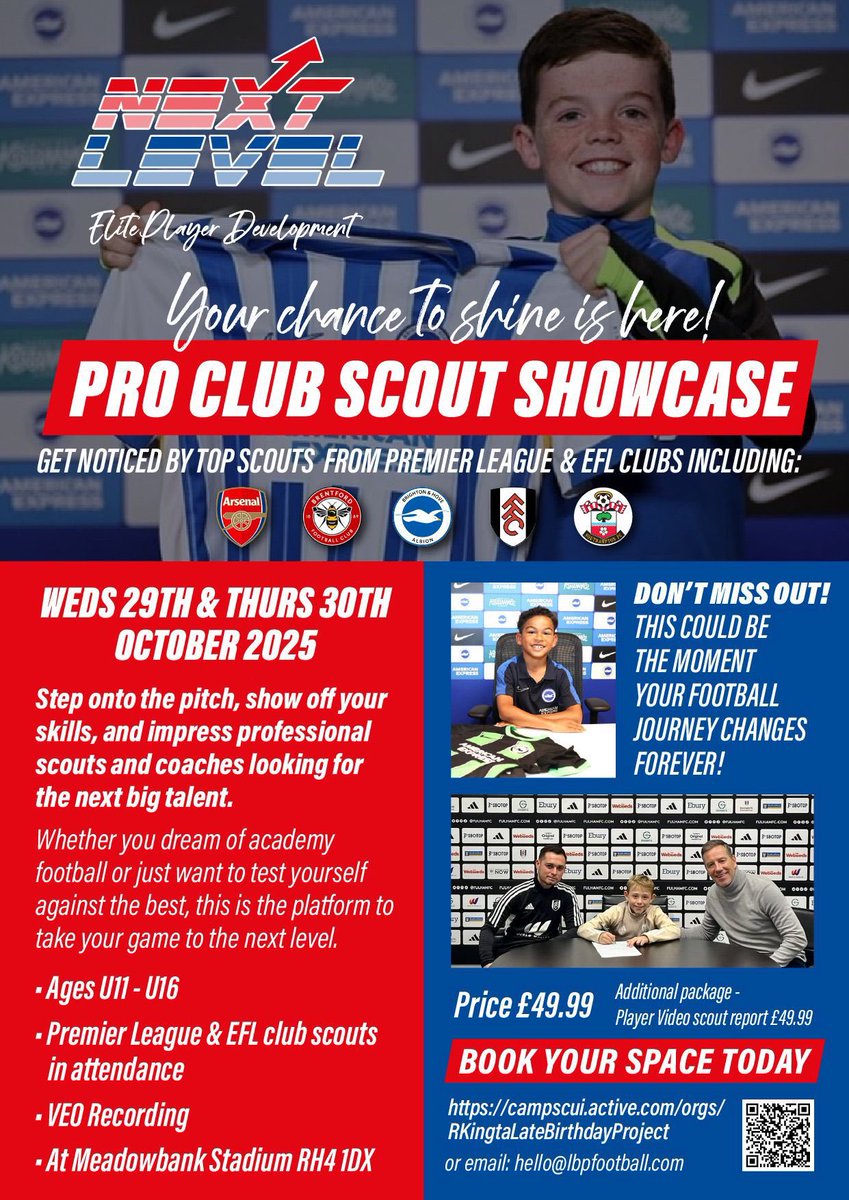 Just a handful of places left at our Showcase Camps, 29/30 Oct at Meadowbank Stadium in #Dorking. #NextLevel #ShowUsWhatYouCanDo