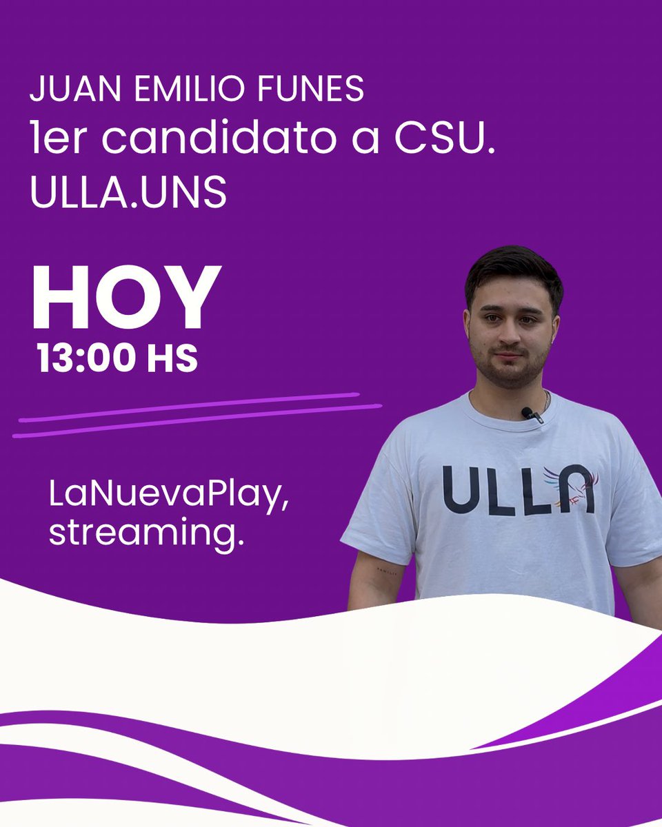 🔥 Hoy a las 13hs en La Nueva Play!
Voy a estar en una entrevista en vivo hablando un poco de lo que se viene 💬
Soy 1er candidato a CSU por <a href="/ULLA_UNS/">Universitarios LLA UNS</a> 💜
Se puede ver por streaming en LaNuevaPlay, ¡sumate! 🙌 
m.twitch.tv/lanuevaplay?de…