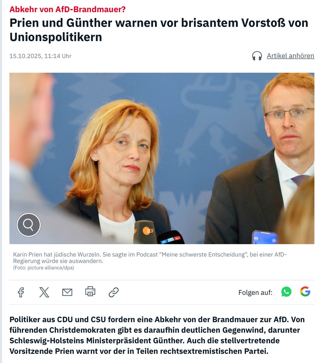 Beim liberalen Flügel der CDU stoßen Forderungen nach einer strategischen Öffnung gegenüber der AfD auf starken Widerstand. Günther:"Wer CDU und AfD in einem Atemzug nennt, hat nicht verstanden, was bürgerlich heißt."

 n-tv.de/politik/Prien-…