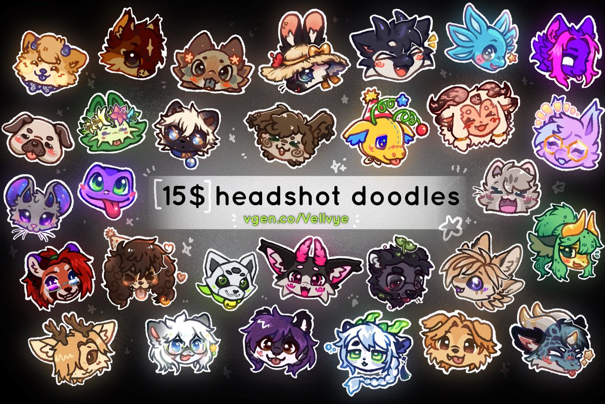Doodle comms are open now, and more comm types including chibis, refs, and fuzzy headshots will reopen Friday! 🌟