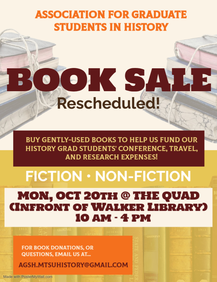 The rescheduled AGSH used book sale will take place on Monday, October 20. Come to the quad in front of Walker Library between 10 AM and 4 PM to browse a variety of gently used books. All funds raised will offset history graduate students' conference and research travel expenses.