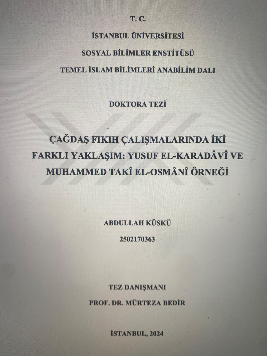 Çağdaş fıkıh çalışmalarında iki farklı yaklaşım: Yusuf el-Karadâvî ve Muhammed Takî el-Osmânî örneği başlıklı doktora tezim Y. K. Başkanlığının tez merkezi sitesine yüklendi.

Dileyen arkadaşlar buradaki bağlantıdan çalışmama ulaşabilirler:

tez.yok.gov.tr/UlusalTezMerke…