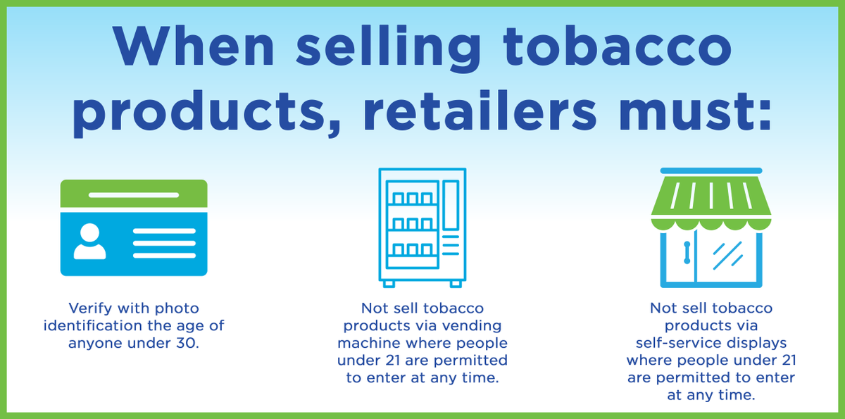 Reminder for Missouri Retailers: Tobacco Sales Law Compliance Missouri law  prohibits the sale of tobacco products, alterative nicotine products, and  vapor products to anyone under 21 years of age. For more information