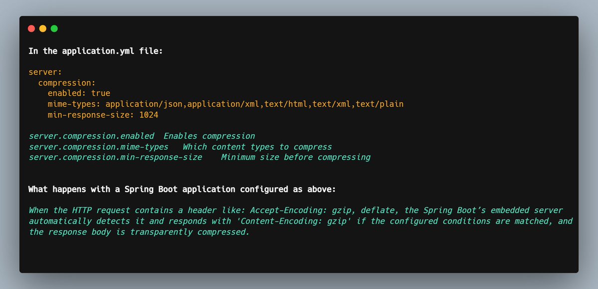mario_casari's tweet image. ๐ Spring Boot: Enable response compression in Spring Boot with server.compression.enabled=true to reduce payload size. #SpringBoot