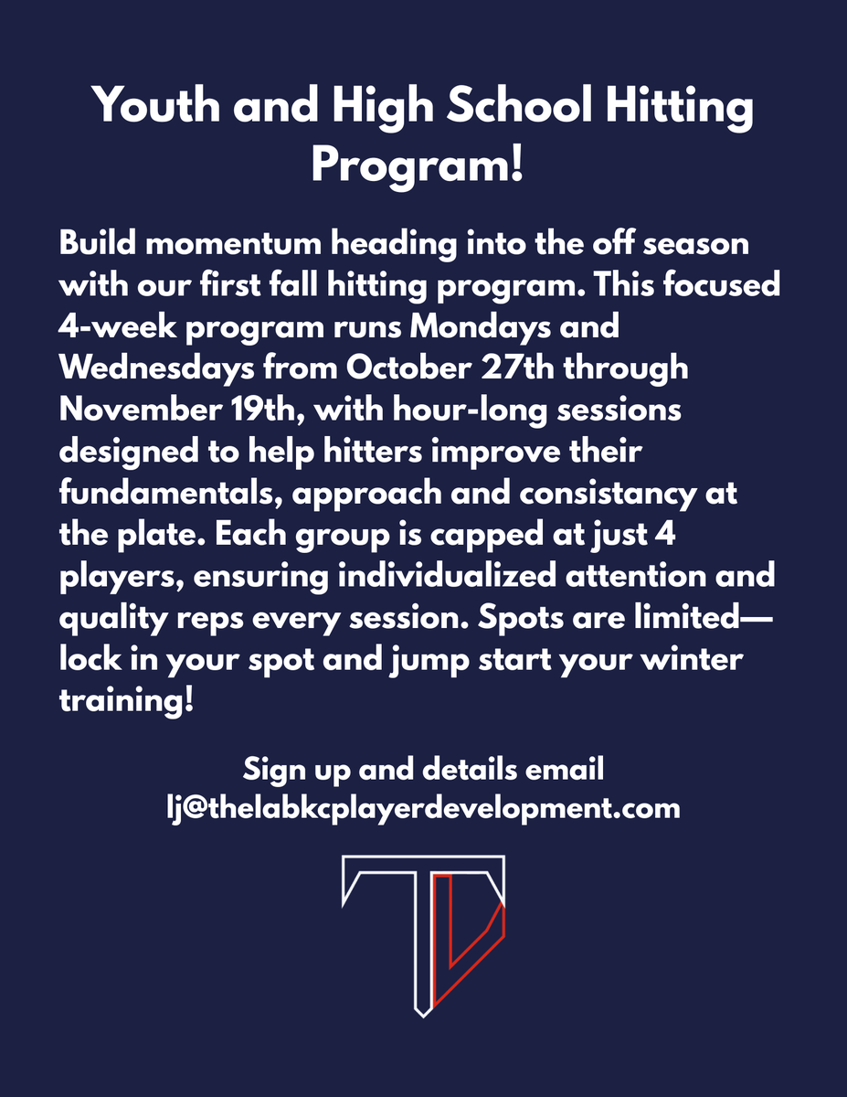 Looking for 4 Youth and 4 High School Hitters to open the winter training season with.

Twice a week for 4 weeks. Ends the week before thanksgiving.

Email lj@thelabkcplayerdevelopment.com for sign up and details.