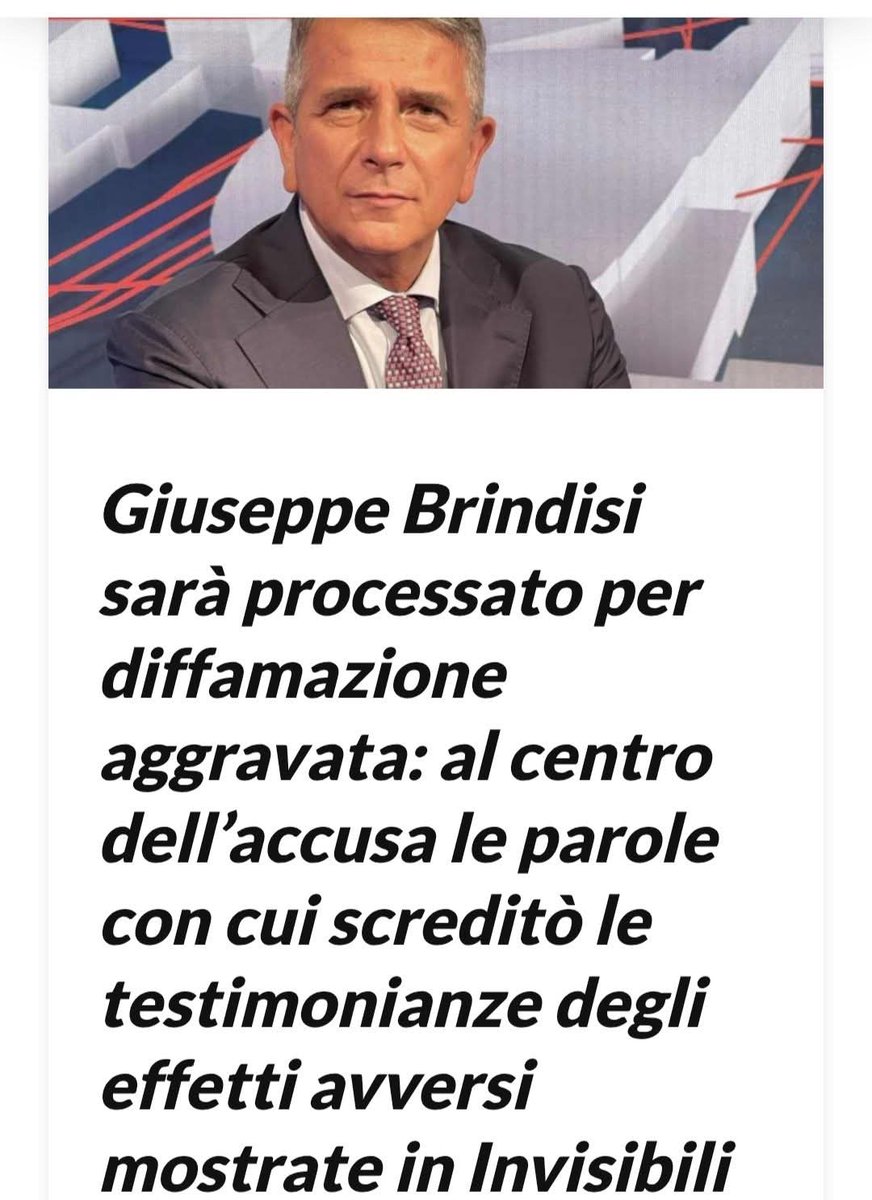 Benissimo, giustizia sia fatta!

🔴Caso giudiziario che vede coinvolti il conduttore televisivo Giuseppe Brindisi e il medico Pasquale Bacco, relativo alle dichiarazioni pronunciate in una trasmissione televisiva contro il documentario “Invisibili”, diretto da Paolo Cassina e
