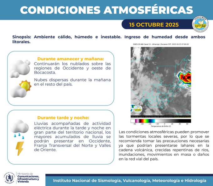 Infographic titled Condiciones Atmosfericas 15 Octubre 2025 from INSIVUMEH showing synopsis of stable morning temperatures low cloudiness and afternoon rain risks with icons of clouds sun and rain drops divided into morning and afternoon sections detailing cloud cover electrical activity and precipitation in northern and eastern regions with national seismology institute logo at bottom.