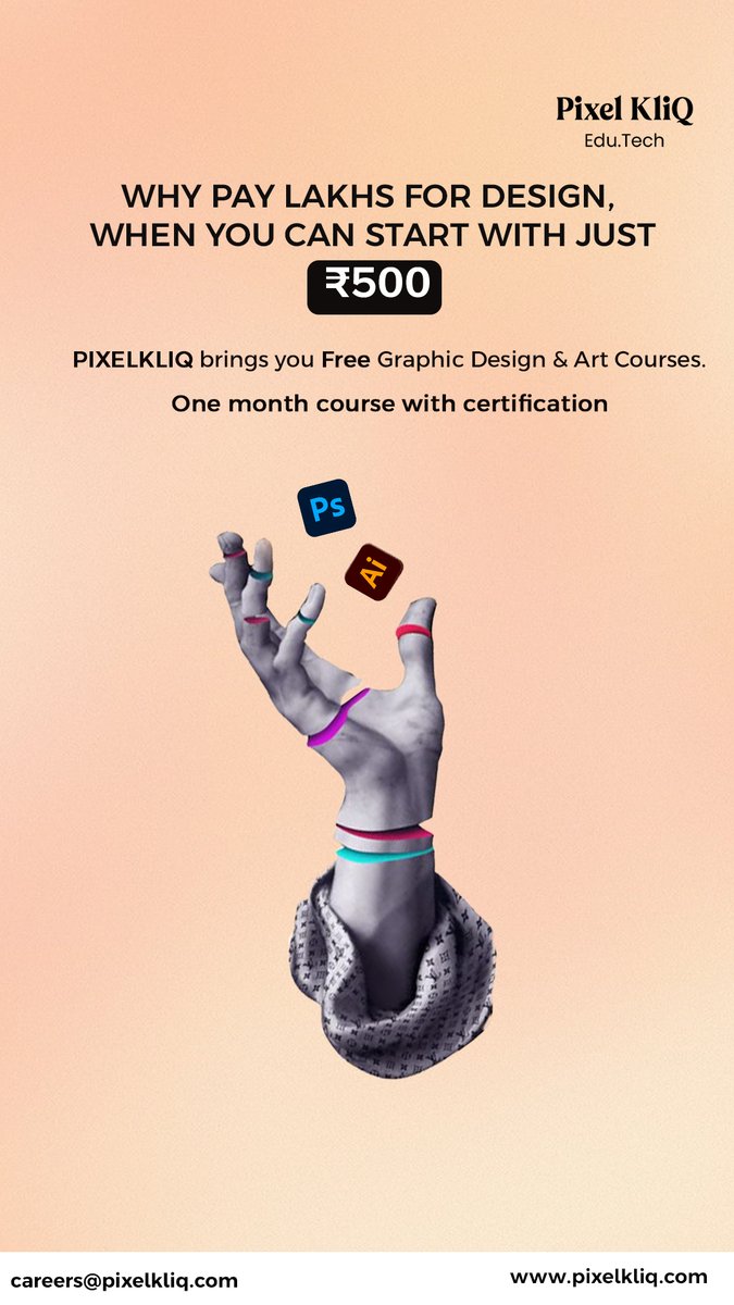 PixelKliQ's tweet image. Why spend lakhs to learn design?
Start for just ₹500!
Join @PixelKliQ ’s Free Graphic Design Course.
Photoshop + Illustrator | Certificate Included
pixelkliq.com
#PixelKliQ #DesignCourse #LearnDesign #Students #SkillIndia #EduTech #GraphicDesign #OnlineLearning