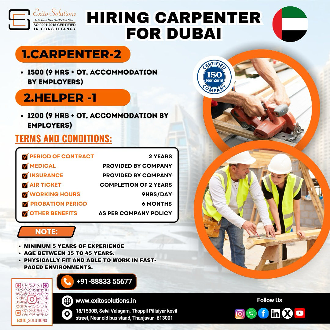 exitoashwin's tweet image. HIRING CARPENTER FOR DUBAI
CALL 8883355677
#exitosolutions #international #overseas #tanjore #thanjavur #tamilnadu