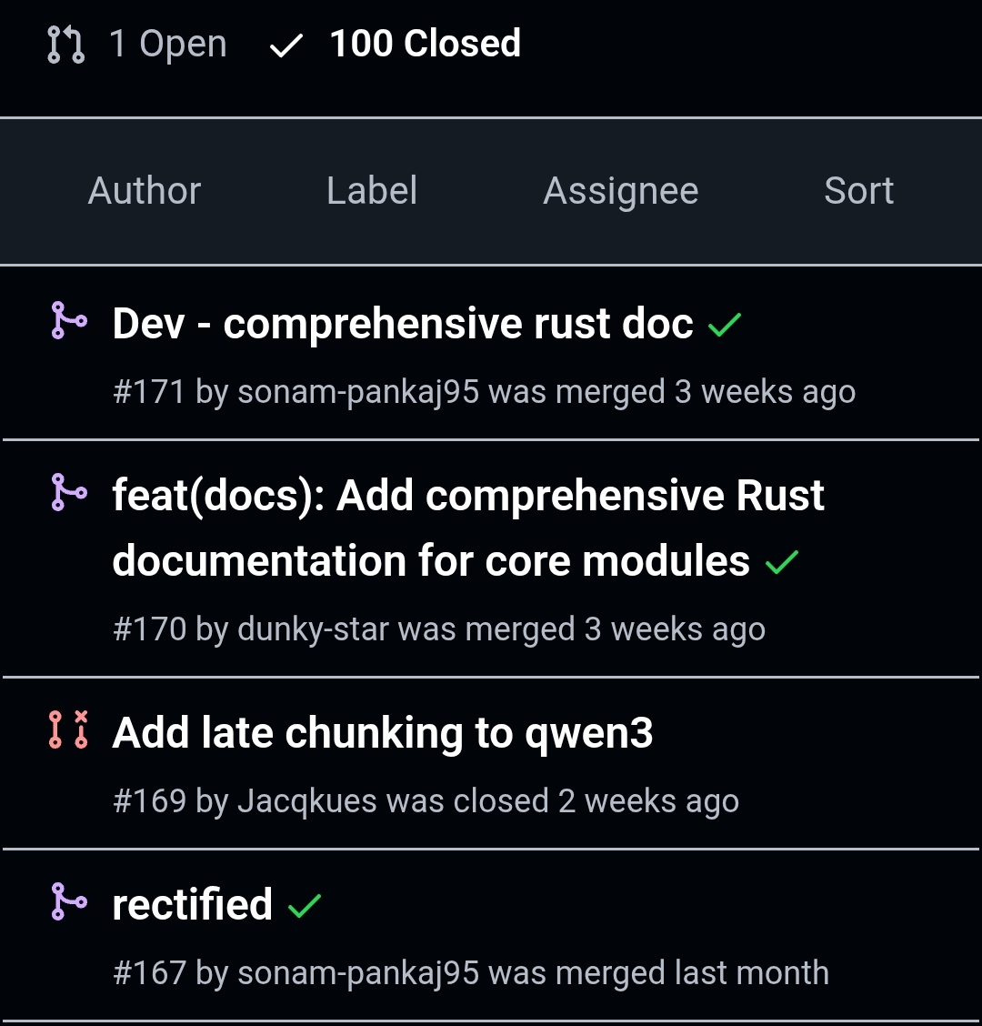 sonam_pankaj_'s tweet photo. Closed 100 PRs on #embedanything 🦀
On to the 1️⃣0️⃣1️⃣ https://t.co/tg8swsANK2