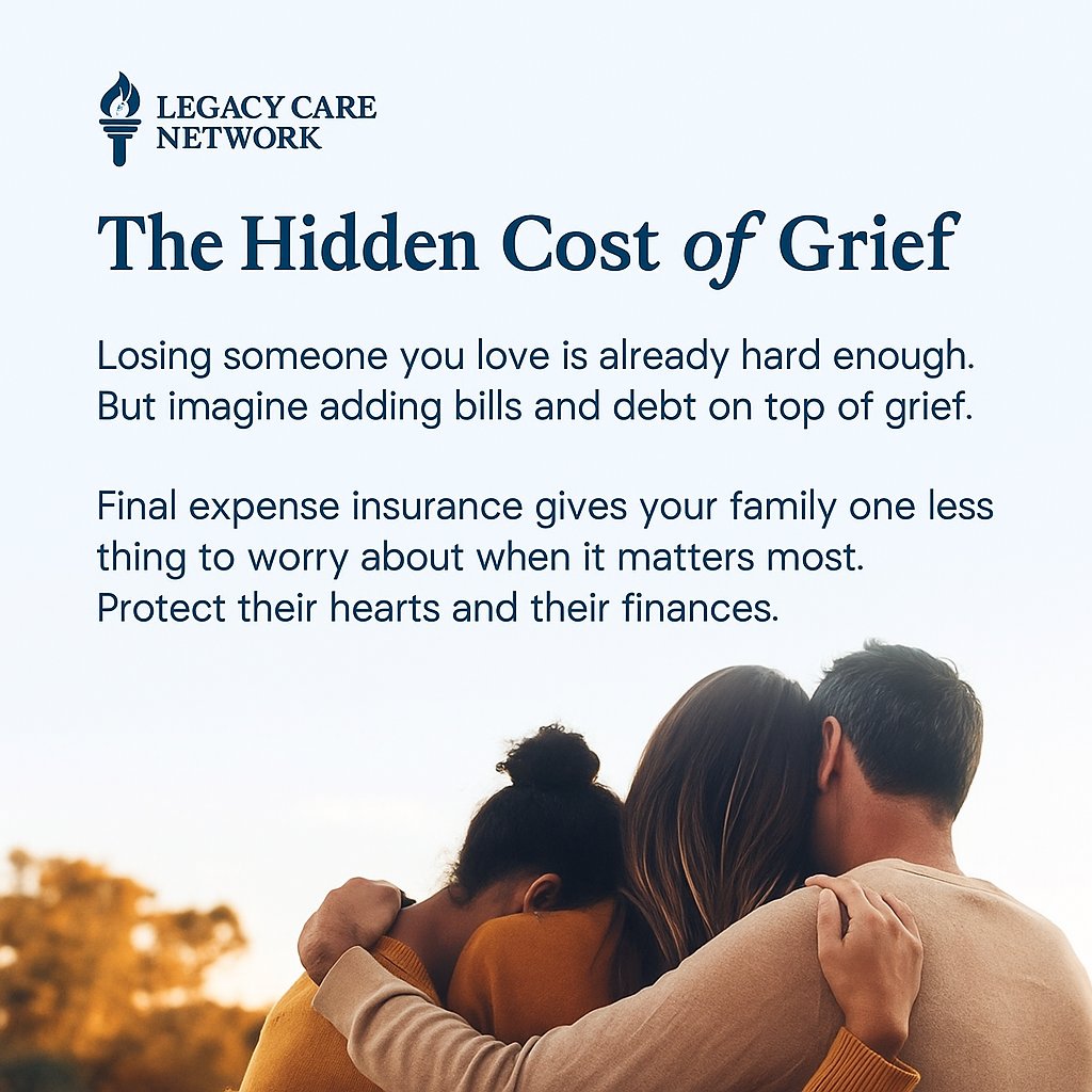 lagacynetwork's tweet image. The Hidden Cost of Grief

Losing someone you love is already hard enough but imagine adding bills and debt on top of grief.

Final expense insurance gives your family one less thing to worry about when it matters most. Protect their hearts and their finances.