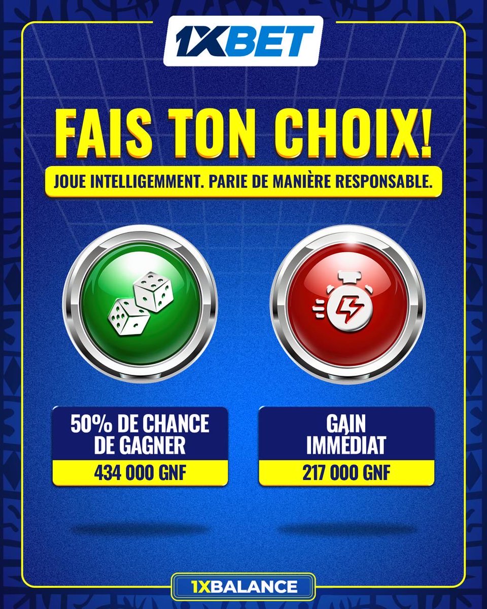 1xbet_gn's tweet photo. 🎯 Prendrais-tu le risque ou décrocherais-tu la victoire assurée ?

Deux choix. Deux issues. Un seul état d'esprit : jouer intelligemment ! 💡
💸 Parfois, le frisson réside dans le risque.
💰 Parfois, la meilleure victoire est celle que tu détiens déjà.

#1xBet #ParisResponsables https://t.co/QCIjIq0Y7B