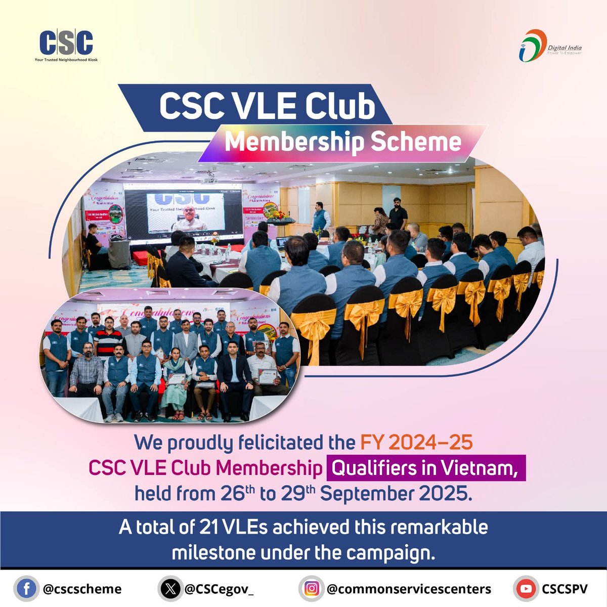 CSCegov_'s tweet image. 🌟 CSC VLE Club Membership Scheme 🌟
We are delighted to celebrate the success of our FY 2024–25 CSC VLE Club Membership Qualifiers, felicitated during an exclusive event held in Vietnam from 26th to 29th September 2025.
🎉 A total of 21 outstanding VLEs achieved this…