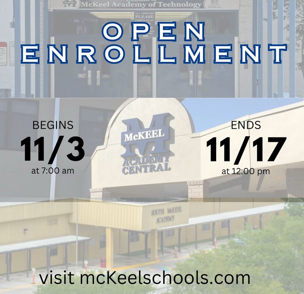 TSMA Open Enrollment for the 2026/27 school year!

📌Save the dates
📌Tag your friends &amp; family 
📌 11/3 @ 7am through 12 noon on 11/17

Visit mckeelschools.com for more info where you’ll find the 2026/27 open enrollment application available for PreK-12 beginning on 11/3.