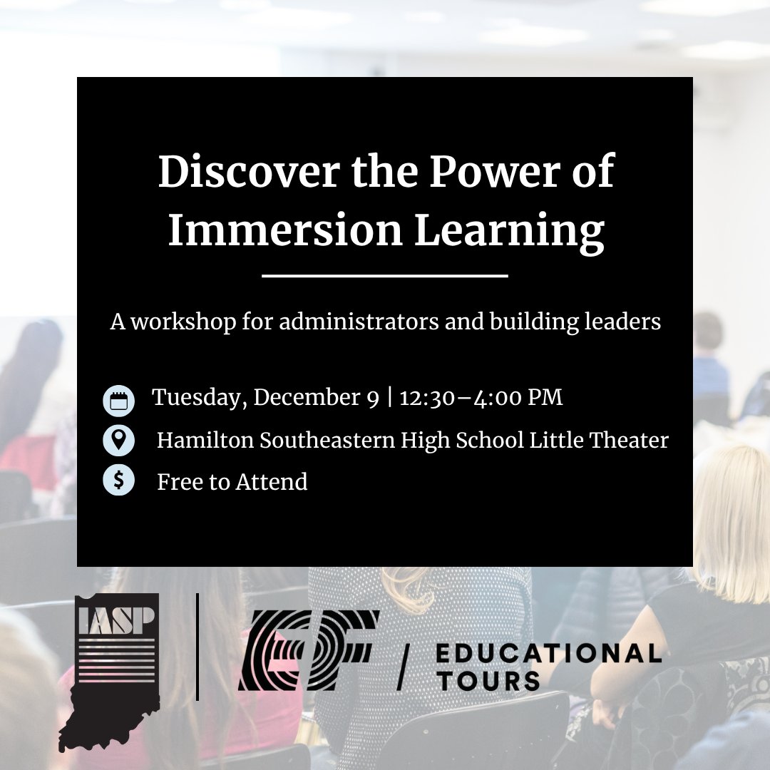 INPrincipals's tweet photo. Discover the Power of Immersion Learning!

Join fellow leaders Dec. 9 for a free workshop exploring Finland’s innovative approach to education.

📍 Hamilton Southeastern HS, Fishers, IN

🔗 Register: https://t.co/unEt4hWSlv

#IASP #ImmersionLearning #EFTours https://t.co/dhybknOOmN