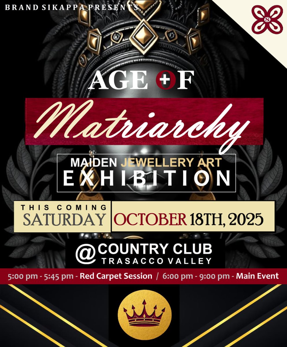 apiorkor's tweet image. Ready to usher in the AGE OF MATRIARCHY! 👑
I'm honored to be your host for the exclusive Maiden Jewellery Art Exhibition presented by Brand Sikappa. We'll be "Unveiling Icons of Change" in style.
🗓 Date: 10/18/25
📍 Venue: Country Club, Trassaco Valley
This is an exclusive,…