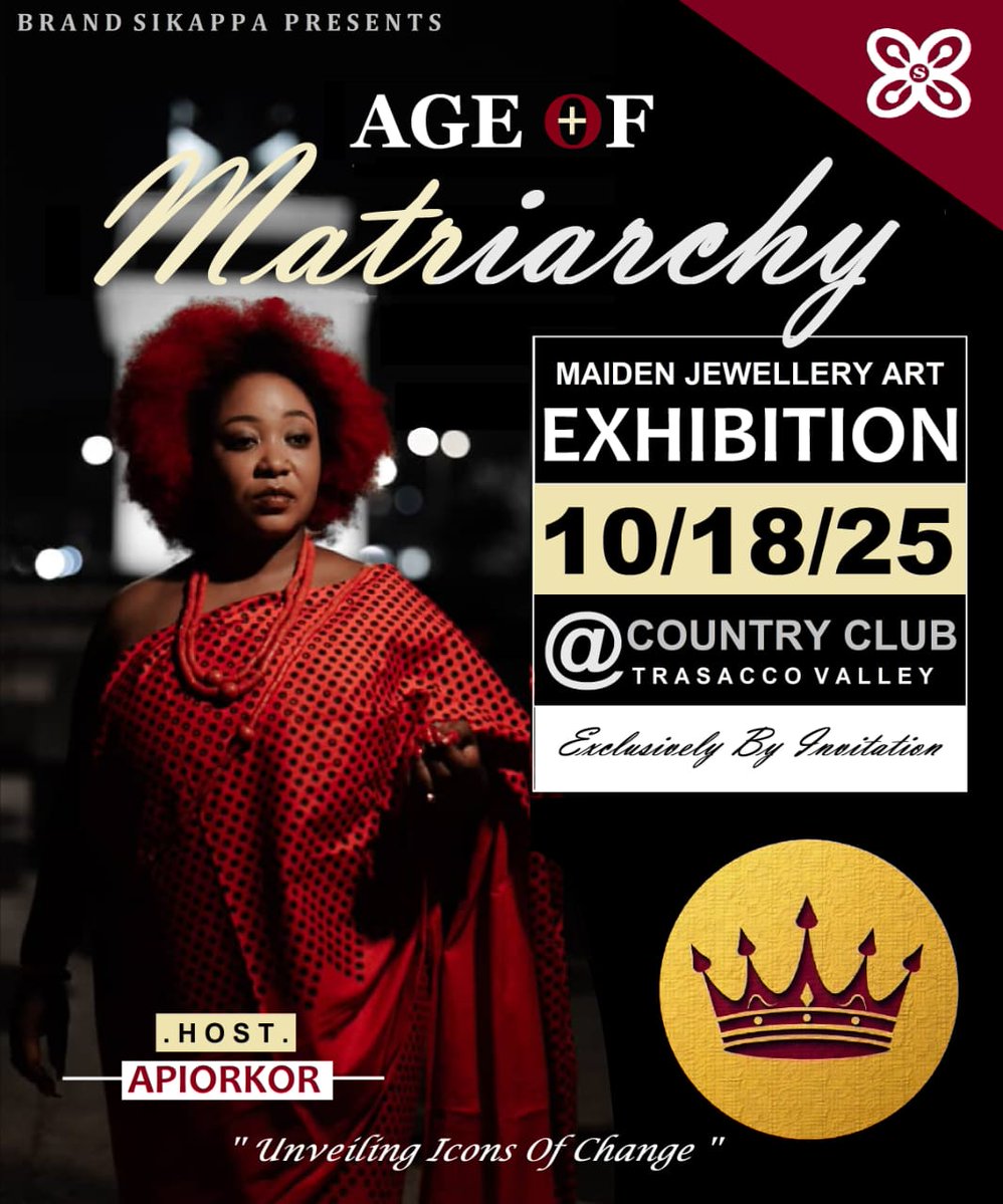 apiorkor's tweet image. Ready to usher in the AGE OF MATRIARCHY! 👑
I'm honored to be your host for the exclusive Maiden Jewellery Art Exhibition presented by Brand Sikappa. We'll be "Unveiling Icons of Change" in style.
🗓 Date: 10/18/25
📍 Venue: Country Club, Trassaco Valley
This is an exclusive,…