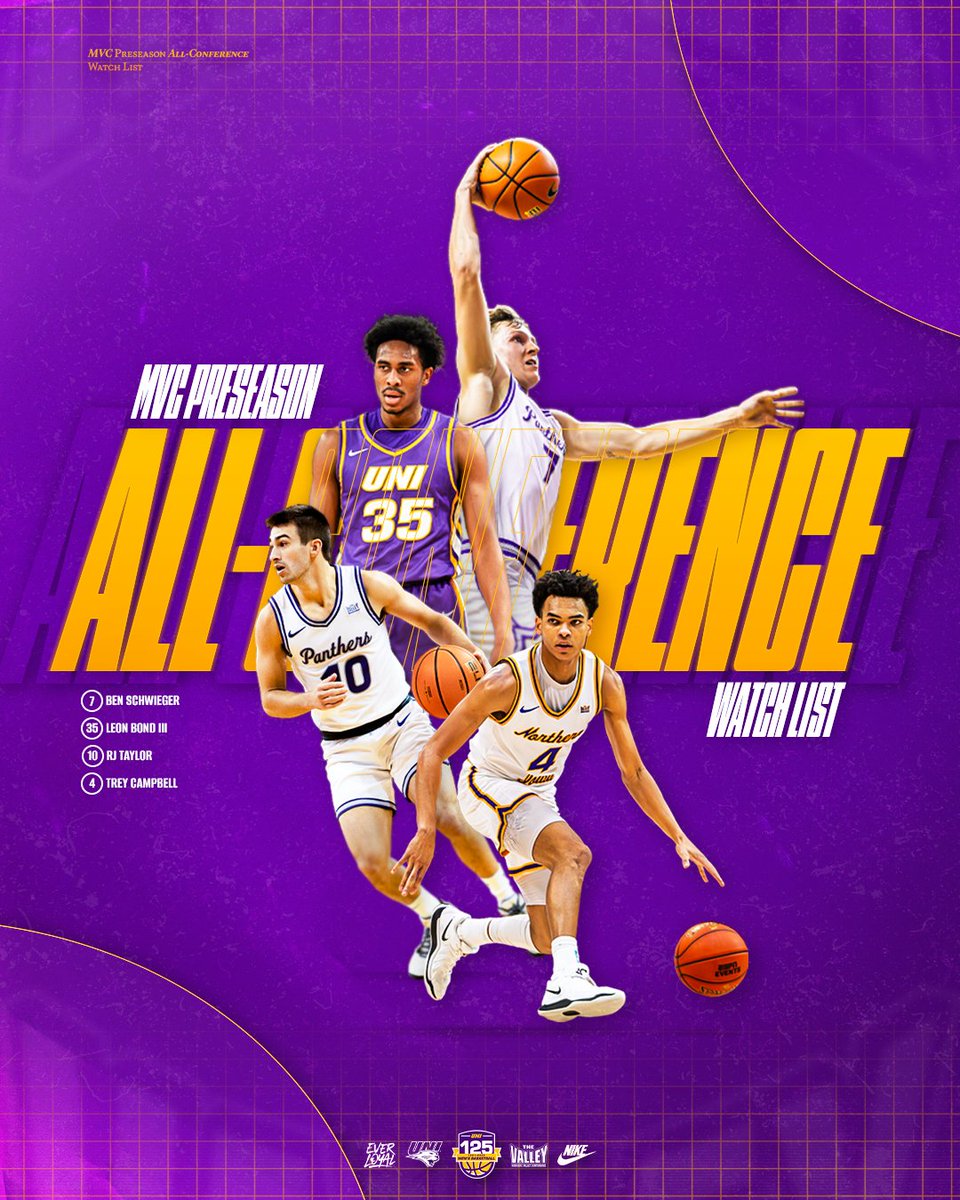 UNImbb's tweet image. WATCH AND SEE! 👀
Bond, Campbell, Schweiger and Taylor named to @MVCsports Preseason Watchlist.
📰 bit.ly/4oklVQW
#EverLoyal | #1UNI | #Family | #UNIMBB125