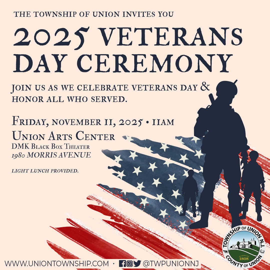 This Veterans Day, let's show our gratitude and respect. 

The Township of Union invites you to our 2025 Veterans Day Ceremony on Tuesday, November 11th, at 11 AM. Join us at the Union Arts Center as we honor the brave men and women who have served. A light lunch is included.