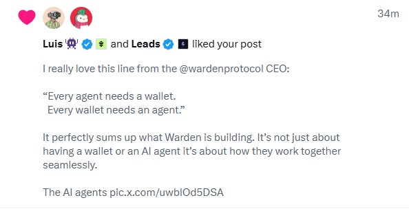 itx_eren07's tweet image. Glad to see that Warden cofounder luis just liked my post 💚

wen follow me sir??

Stay bullish on @wardenprotocol 

TGE is coming soon...
