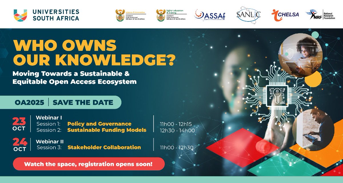 USAf_ORG's tweet image. Who owns our knowledge?

Join @USAf_ORG on 23 &amp;amp; 24 Oct 2025 for Open Access Week webinars exploring how we can make research open, just &amp;amp; accessible to all.

Let’s talk #KnowledgeEquity &amp;amp; #OpenScience.

Save the date! #OpenAccessWeek #USAf