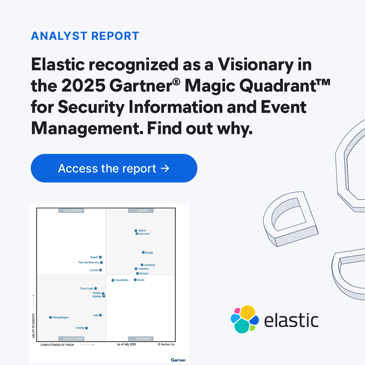 elastic's tweet photo. The 2025 @Gartner_inc Magic Quadrant™ for Security Information and Event Management is out: Elastic has been recognized as a Visionary!

Get access to the full report to learn more about Elastic Security and see why we’ve been recognized as a Visionary: https://t.co/XPZWyF7cfd https://t.co/pDRPhvdiO4