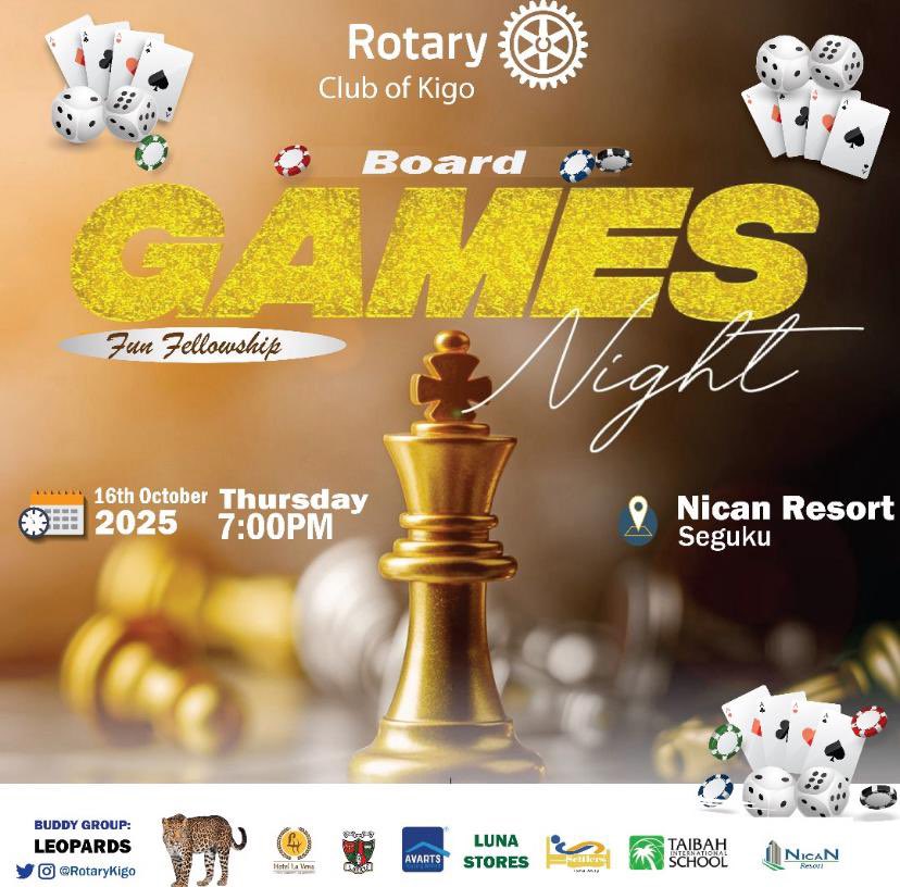 ♟️Game On! Fellowship Reloaded!🎲

This Thursday, it’s all about strategy, laughter, and connection as we take fellowship to the board!

Join the Rotary Club of Kigo for an exciting Board Games Night where every move builds friendship.

🗓️ 16th October 2025 | 7:00 PM
📍 Nican