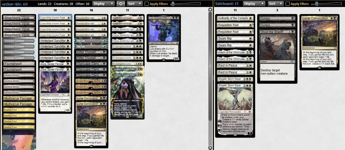 5-0 in Standard League with BW Lifegain! 

Built to crush Mono Red… and didn’t face a single one.

Still, the deck just refused to lose

The black adds depth, better removal, sideboard and cards like Amalia, Zoraline, makes the deck surprisingly resilient.

<a href="/Ashlizzlle_/">The Ash Lizard</a> deck! 😉