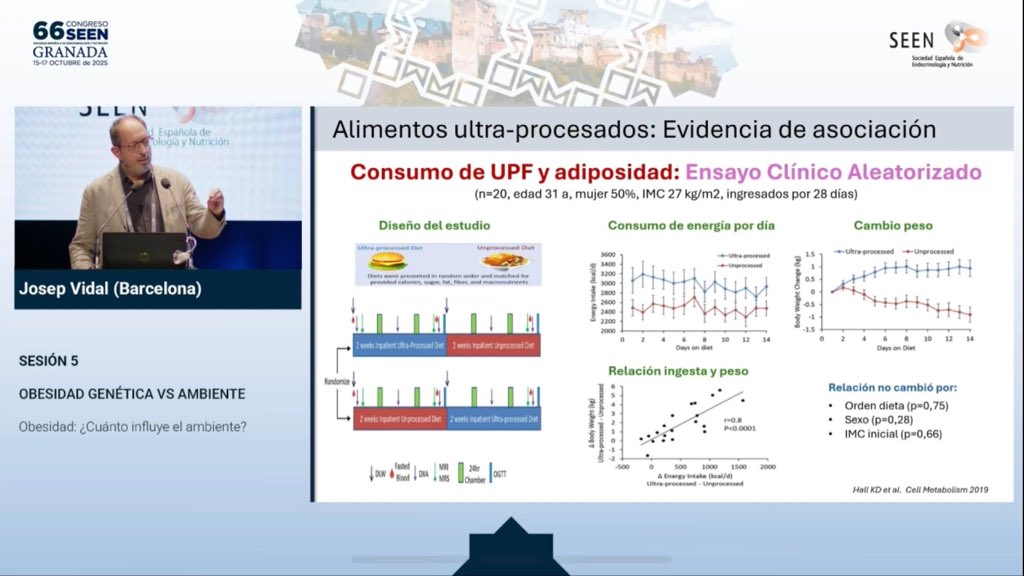 🥫 En el #SEEN2025, Josep Vidal presenta un ensayo clínico que demuestra que las dietas ricas en ultraprocesados aumentan la ingesta calórica y el peso en solo 14 días. La calidad de los alimentos importa tanto como las calorías. #EmbajadorSEEN #NutriciónSaludable
